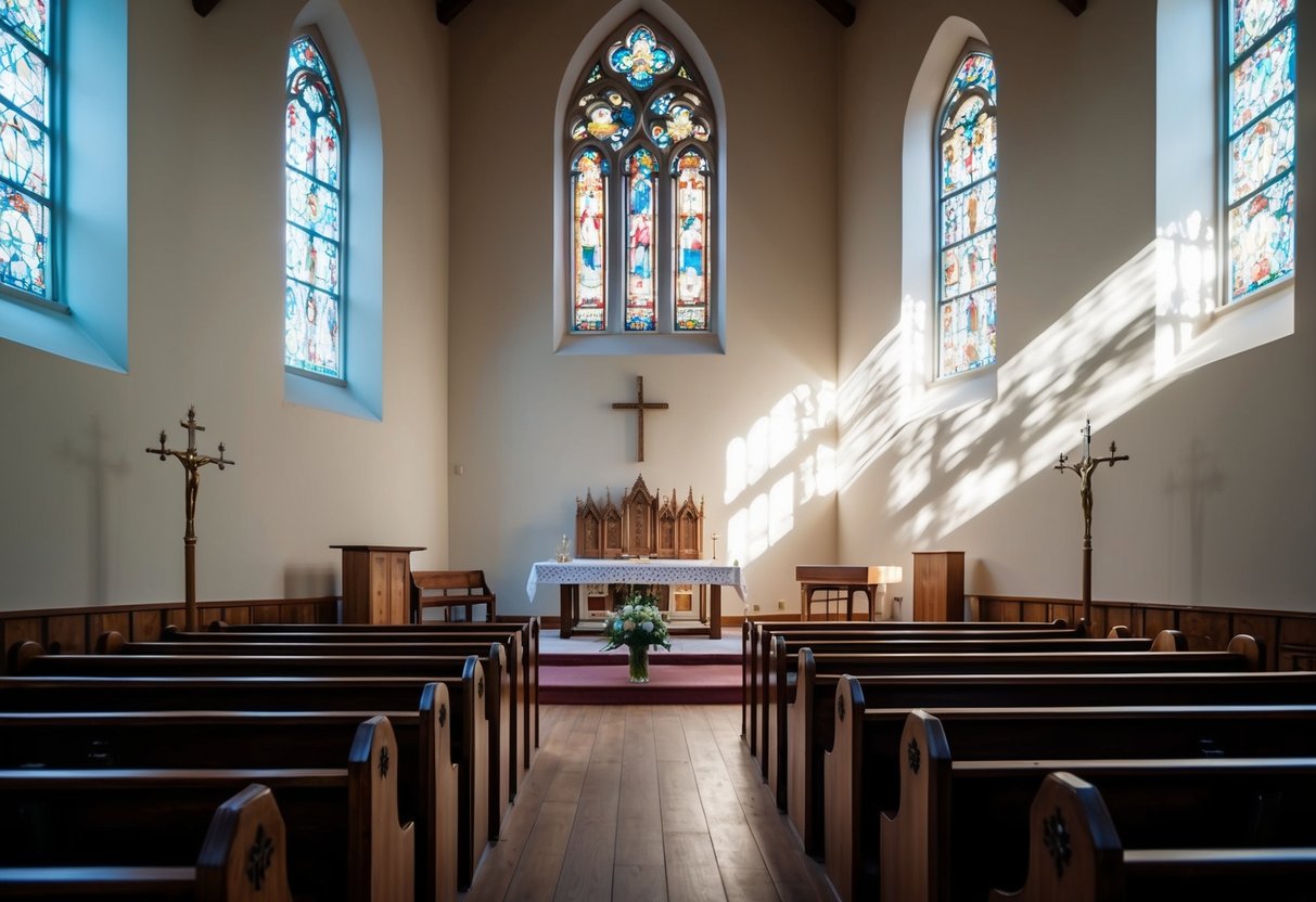 A serene church interior with sunlight streaming through stained glass windows, casting colorful patterns on the wooden pews and altar