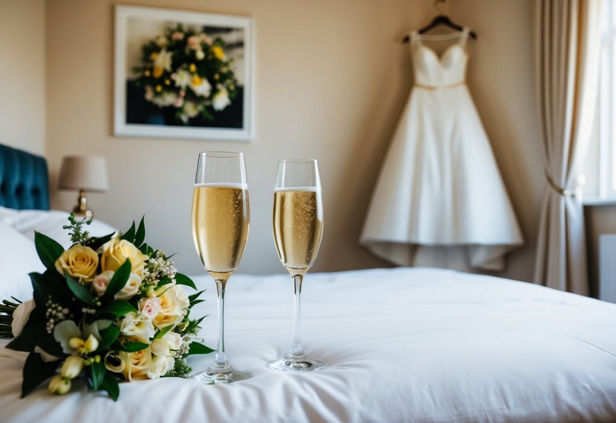 A cozy bedroom with two champagne glasses, a bouquet of flowers, and a wedding dress hanging on the wall