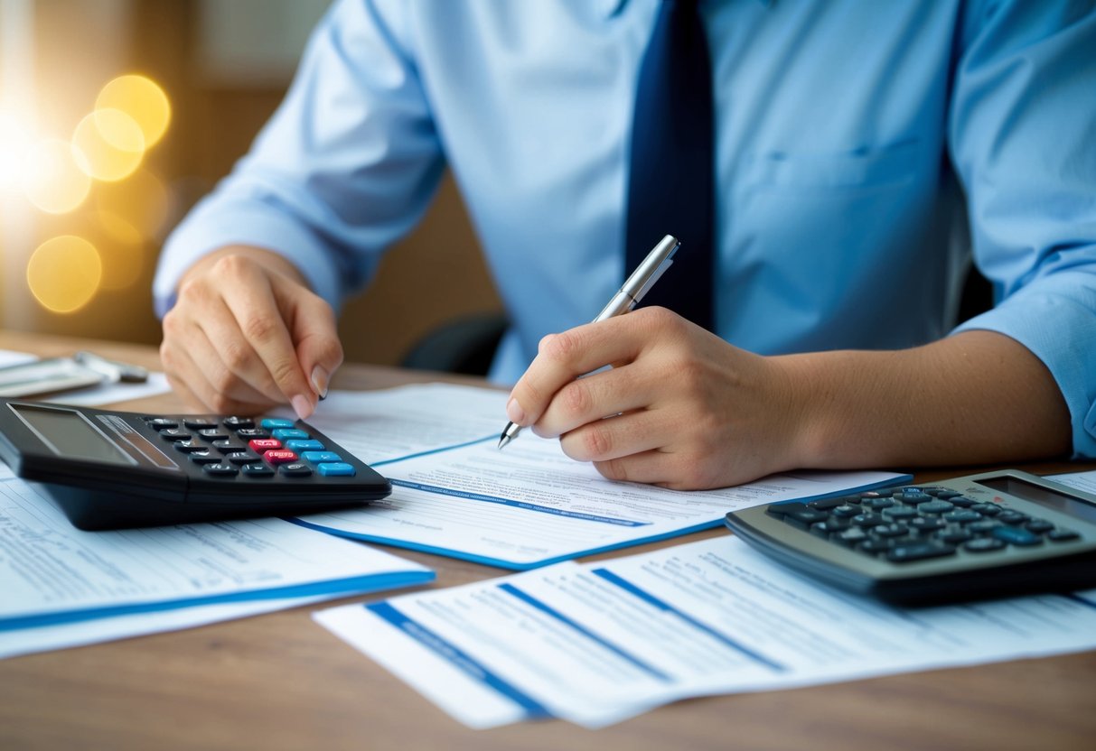 A person filling out paperwork at a desk, with a calculator and forms spread out in front of them