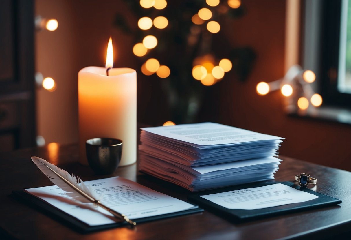 A cozy, candlelit room with a small desk and a stack of legal documents, a quill pen, and a traditional wedding ring