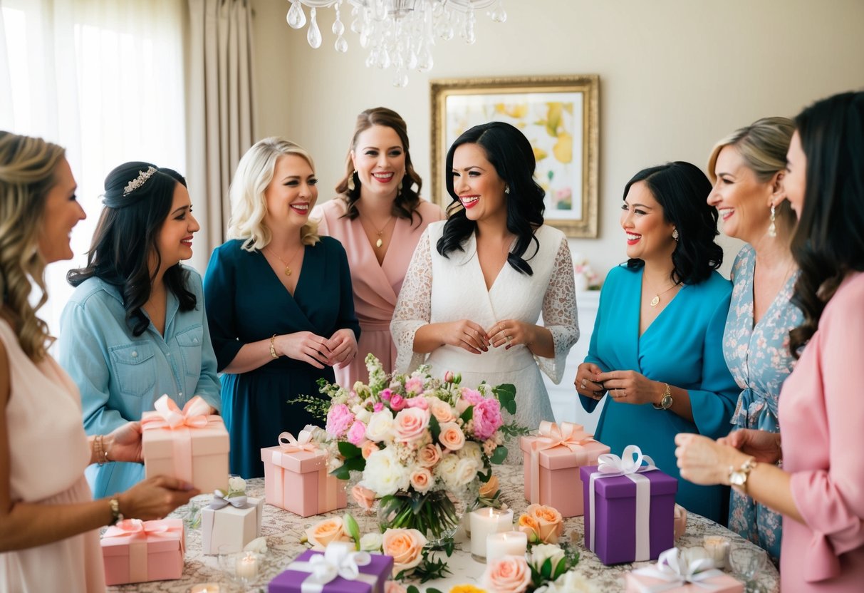 A group of women gathered around a beautifully decorated table filled with gifts and flowers, chatting and laughing at a bridal shower