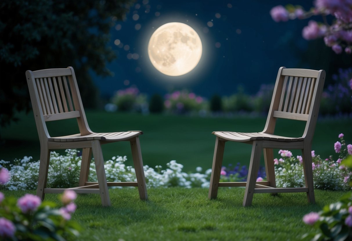 A moonlit garden with two chairs facing each other, surrounded by blooming flowers and a gentle breeze