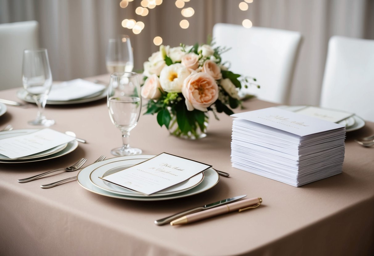 A table set with place settings for a bridal shower, with a stack of invitations and a pen nearby