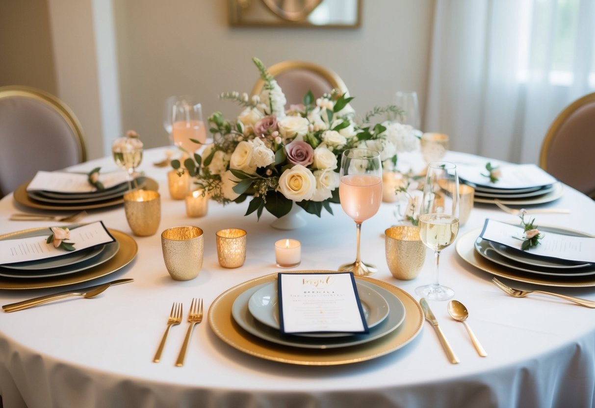 A table set with place settings for a bridal shower, with an assortment of elegant decorations and refreshments