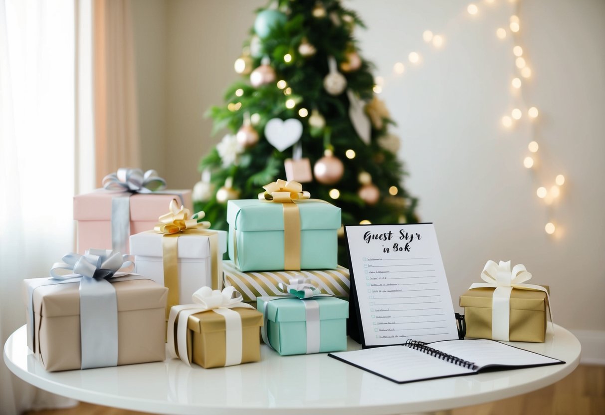 A table with wrapped gifts, a registry list, and a guest sign-in book at a bridal shower