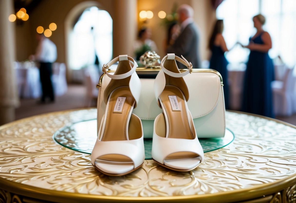 A pair of white heels and a matching bag placed on a decorative surface at a wedding venue