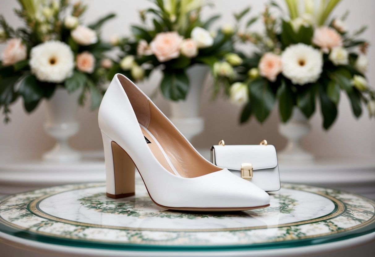 A white heel and bag placed on a decorative surface with elegant floral arrangements in the background