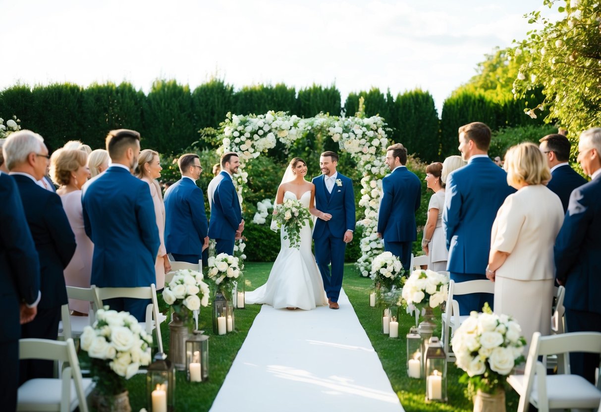 A garden wedding with white floral decor, a bride in a white dress, and guests in formal attire