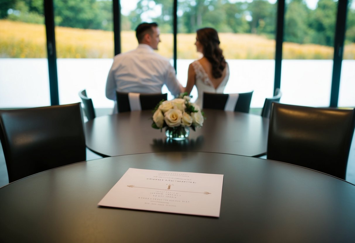 A couple sits at a table, surrounded by empty chairs. A wedding invitation with blank spaces for names lies on the table