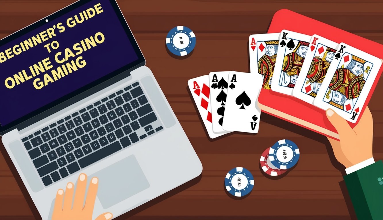 Panduan pemula untuk permainan kasino online, dengan laptop, chip kasino, dan setumpuk kartu di atas meja