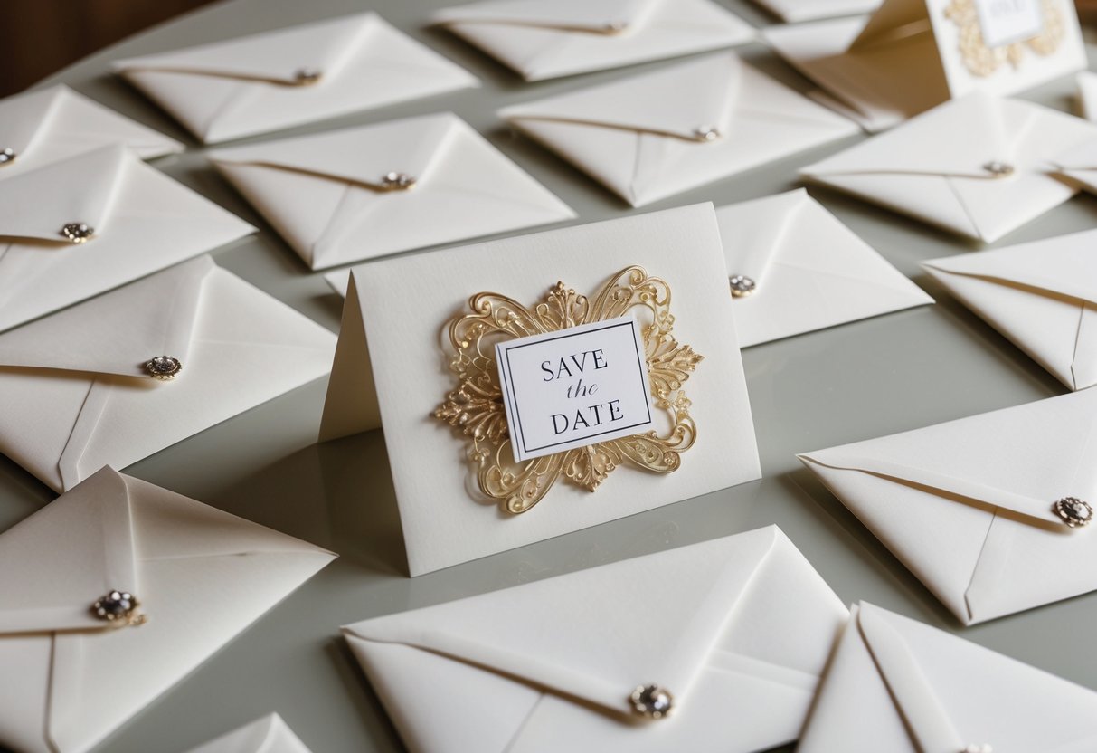 A collection of elegant envelopes scattered on a table, each bearing a decorative save the date card
