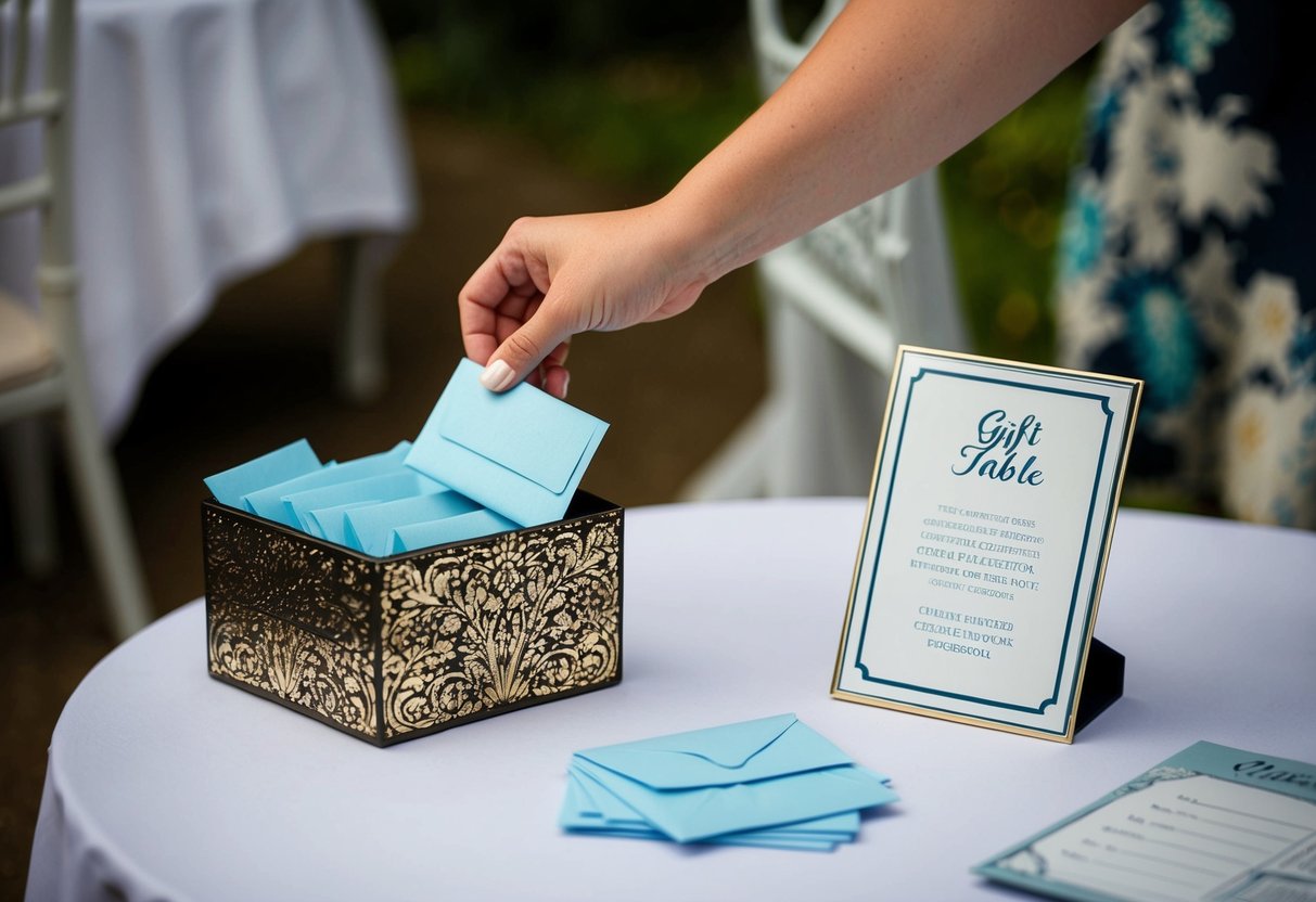 A small envelope is being slipped into a decorative box filled with other envelopes. A table nearby holds a guest book and a sign indicating the gift table