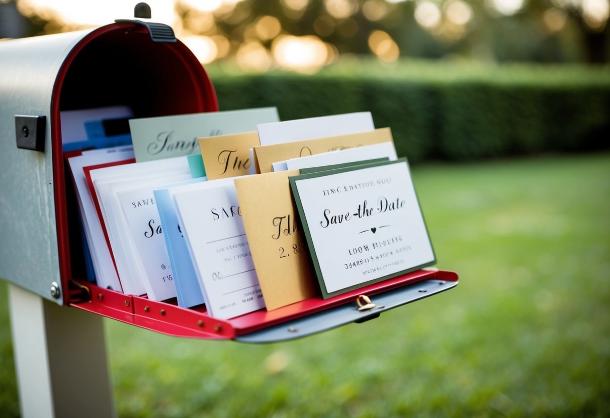 A mailbox filled with save-the-date cards, with a mix of names and addresses