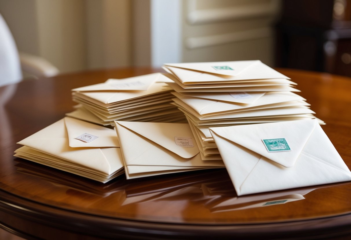 A pile of elegant envelopes, each adorned with a delicate stamp, sits on a polished wooden table, ready to be sent out to wedding guests