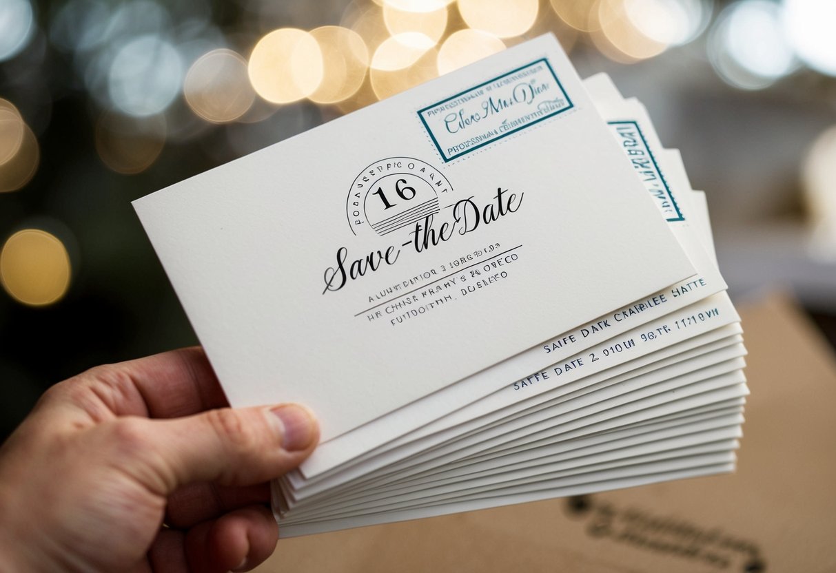 A stack of save-the-date cards being mailed out to various addresses, with stamps and addresses visible