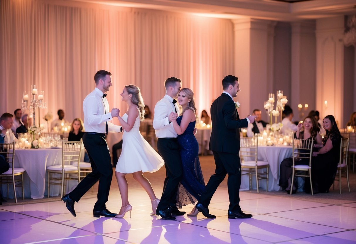 Softly lit dance floor with couples swaying to slow songs, surrounded by tables adorned with delicate centerpieces and flickering candles