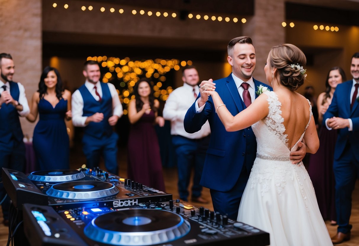 A wedding reception with a DJ or band playing slow songs for couples dancing