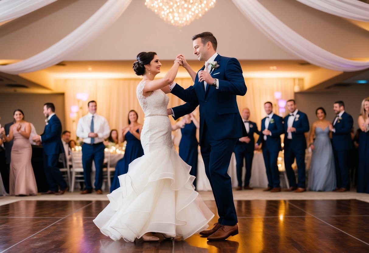 Couples slow dancing on the dance floor at a wedding reception, surrounded by soft lighting and romantic decor