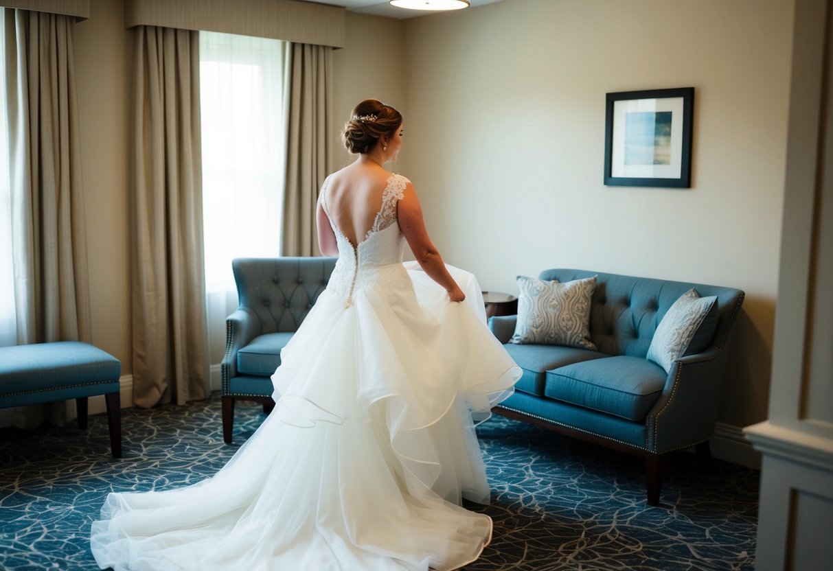 A bride swaps her wedding gown for a lighter, more comfortable dress in a secluded room at the reception venue