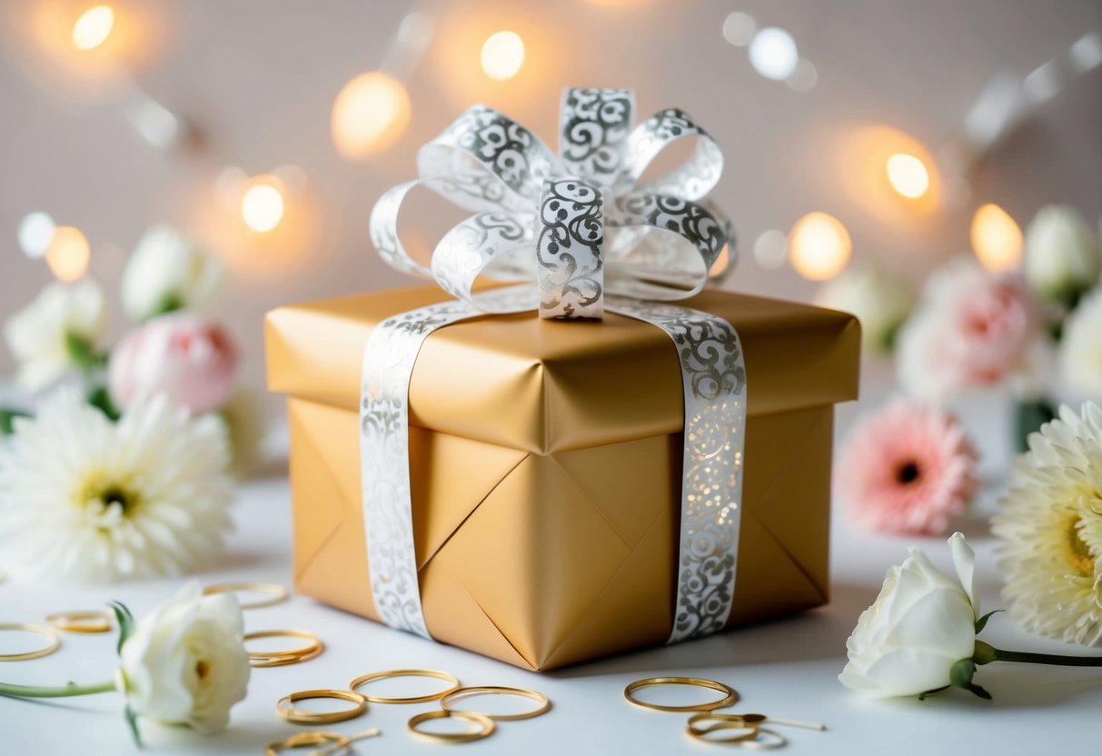 A beautifully wrapped gift box surrounded by elegant bridal shower decorations