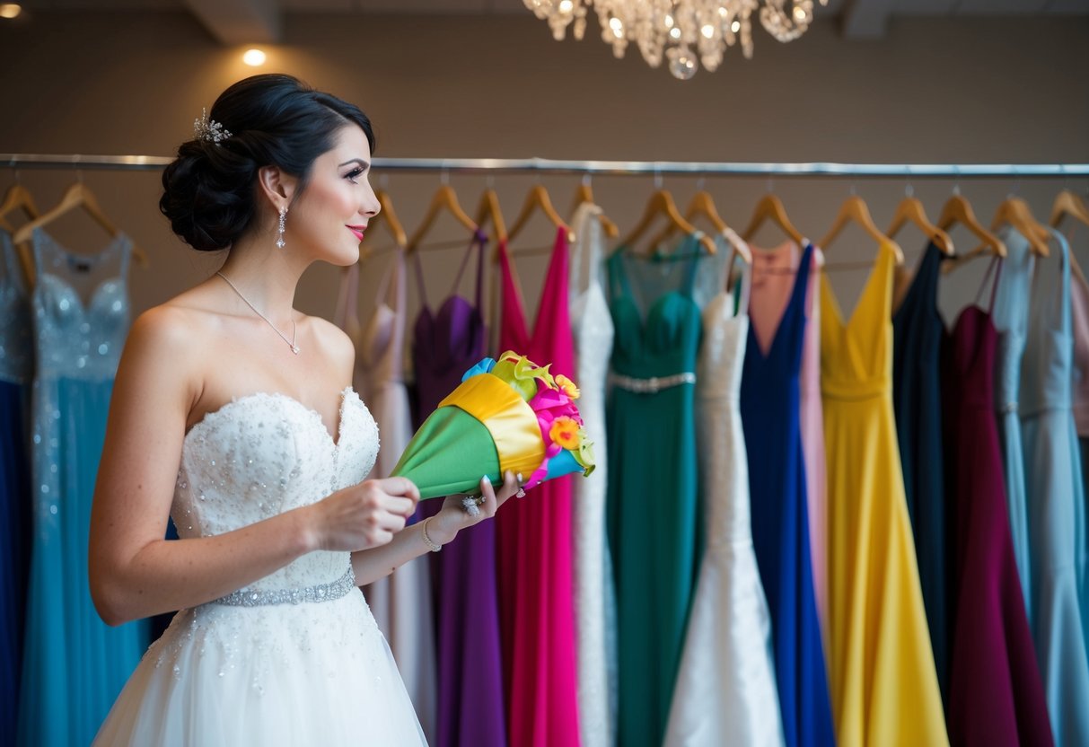 A bride stands in front of a rack of dresses, contemplating her reception outfit. She holds a white gown in one hand and a colorful cocktail dress in the other