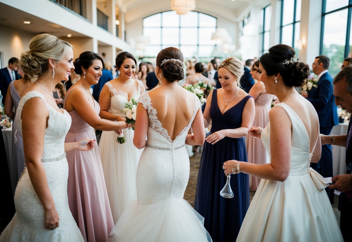 Brides swapping their wedding gowns for elegant reception dresses, surrounded by bustling wedding preparations