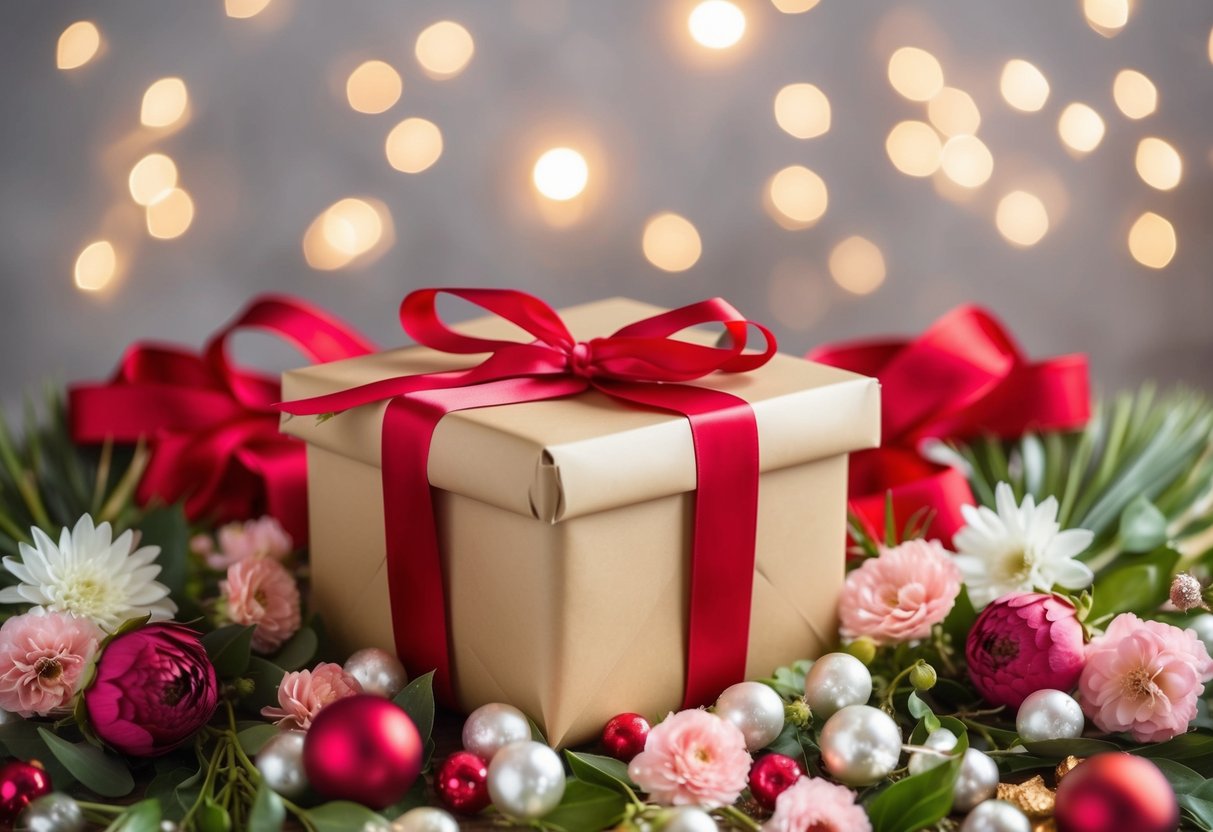 A beautifully wrapped gift box surrounded by flowers, ribbons, and elegant decorations