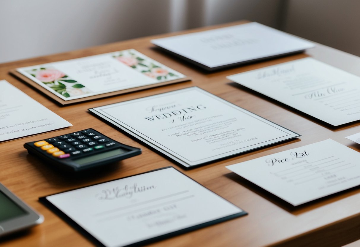 A table with various wedding invitation samples, a price list, and a calculator