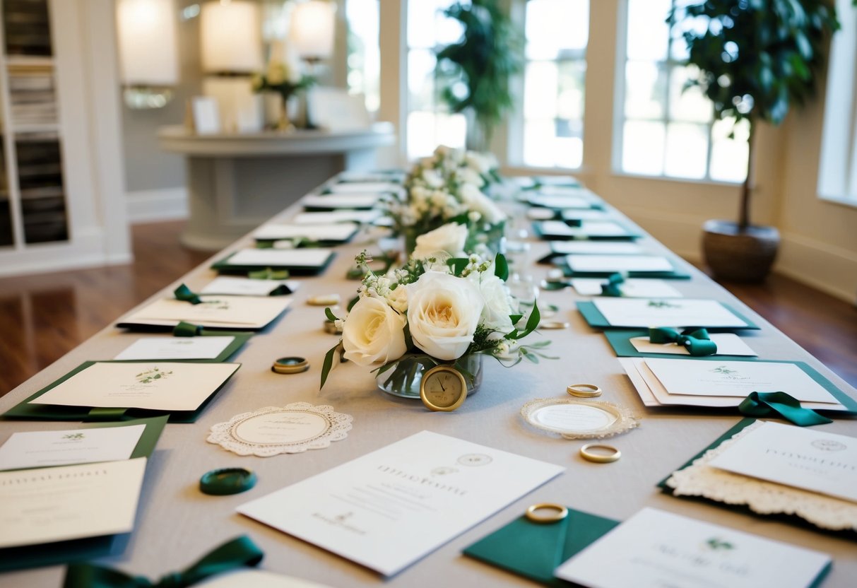 A table strewn with elegant wedding invitation samples and various embellishments, such as ribbons, lace, and wax seals, displayed in an inviting, well-lit showroom