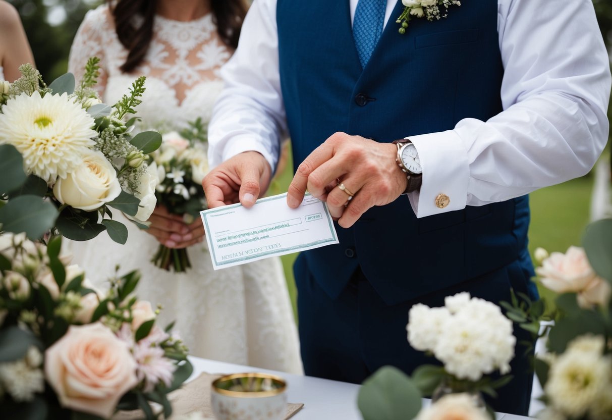 A father placing a check into a decorative envelope, surrounded by flowers and wedding decor