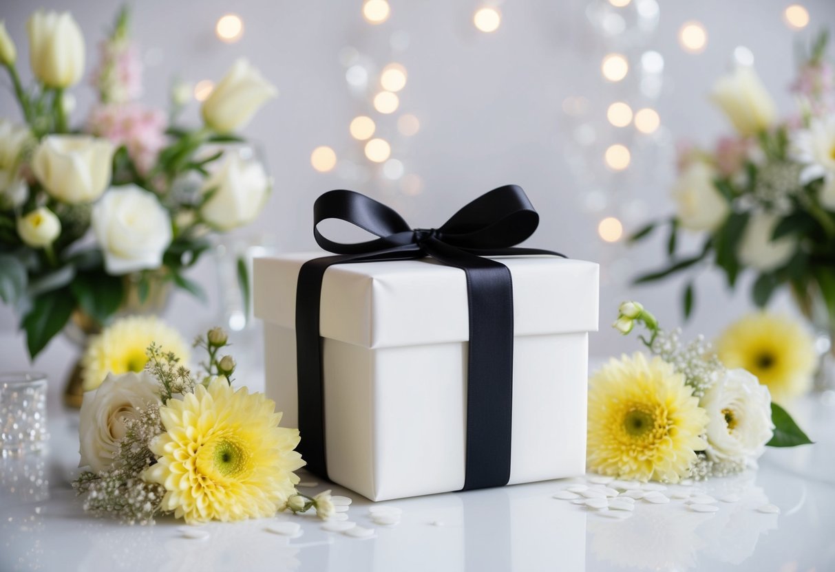 A beautifully wrapped gift box with a ribbon and bow, surrounded by elegant wedding decorations and flowers