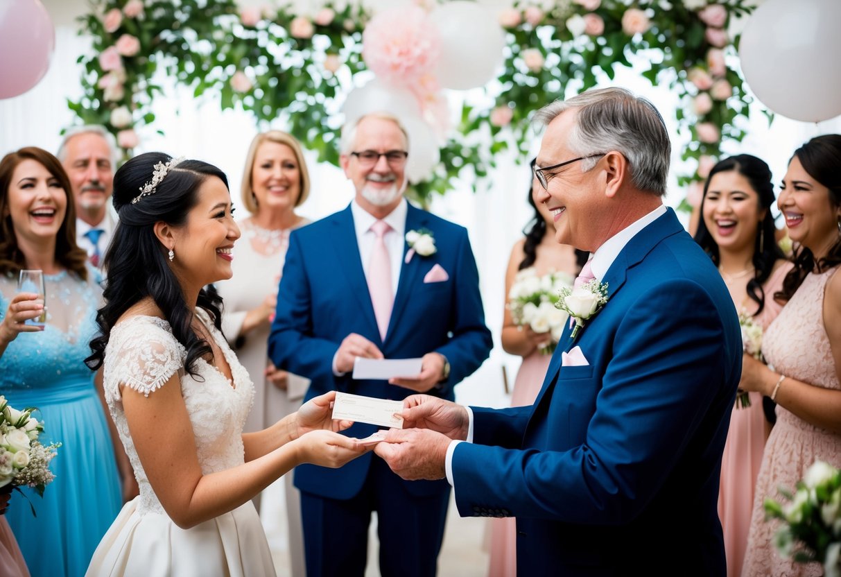 A father handing a check to his daughter, surrounded by wedding decorations and happy guests