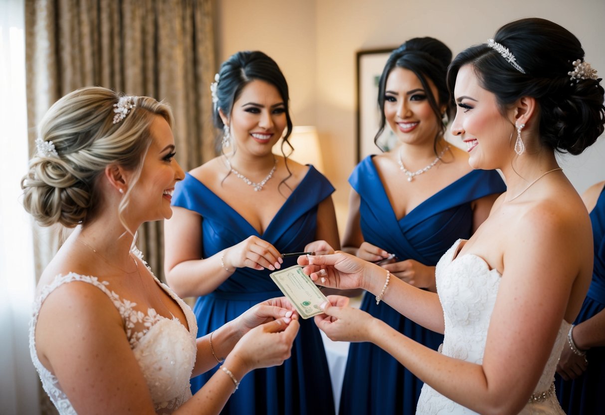 A bride handing over payment to a makeup artist and hairstylist for her bridesmaids' services at a wedding party