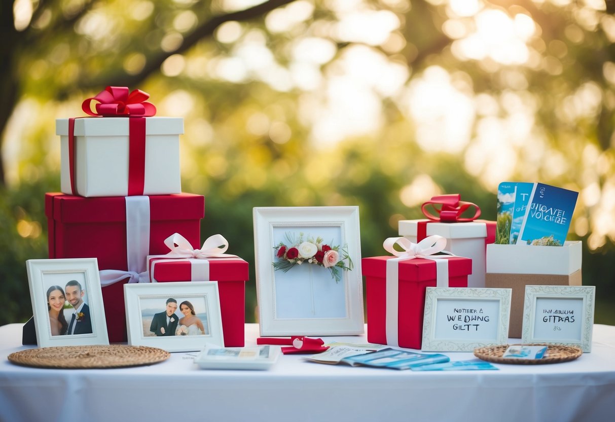 A wedding gift table with a variety of non-monetary gift options such as photo frames, kitchenware, and travel vouchers