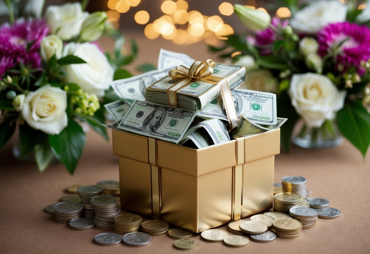 A gift box overflowing with cash and coins, surrounded by wedding decor and flowers