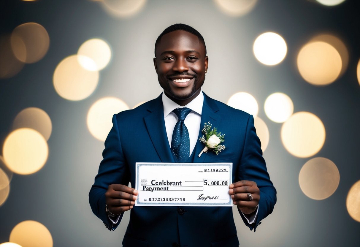A celebrant holding a payment check with a smiling face