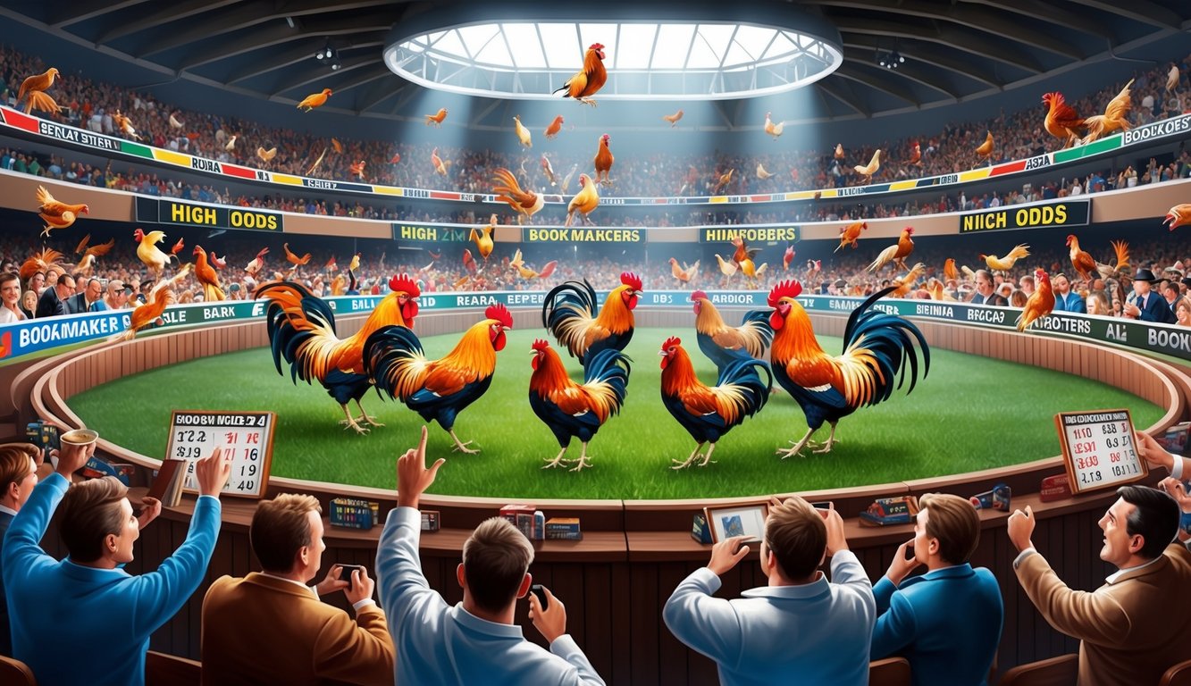 Sebuah arena yang ramai dan hidup dengan ayam jantan berwarna-warni di tengah, dikelilingi oleh penonton yang antusias dan bandar taruhan yang menampilkan odds tinggi