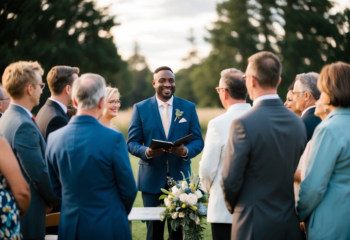 A celebrant stands at a ceremony, surrounded by a diverse group of people. They are leading a meaningful and personal ceremony, bringing people together in a celebration of life