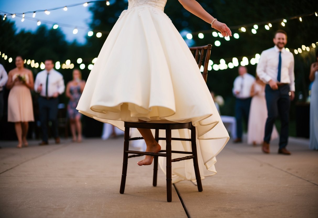 A bride's gown hangs from a chair as she dances barefoot under twinkling lights at her outdoor reception