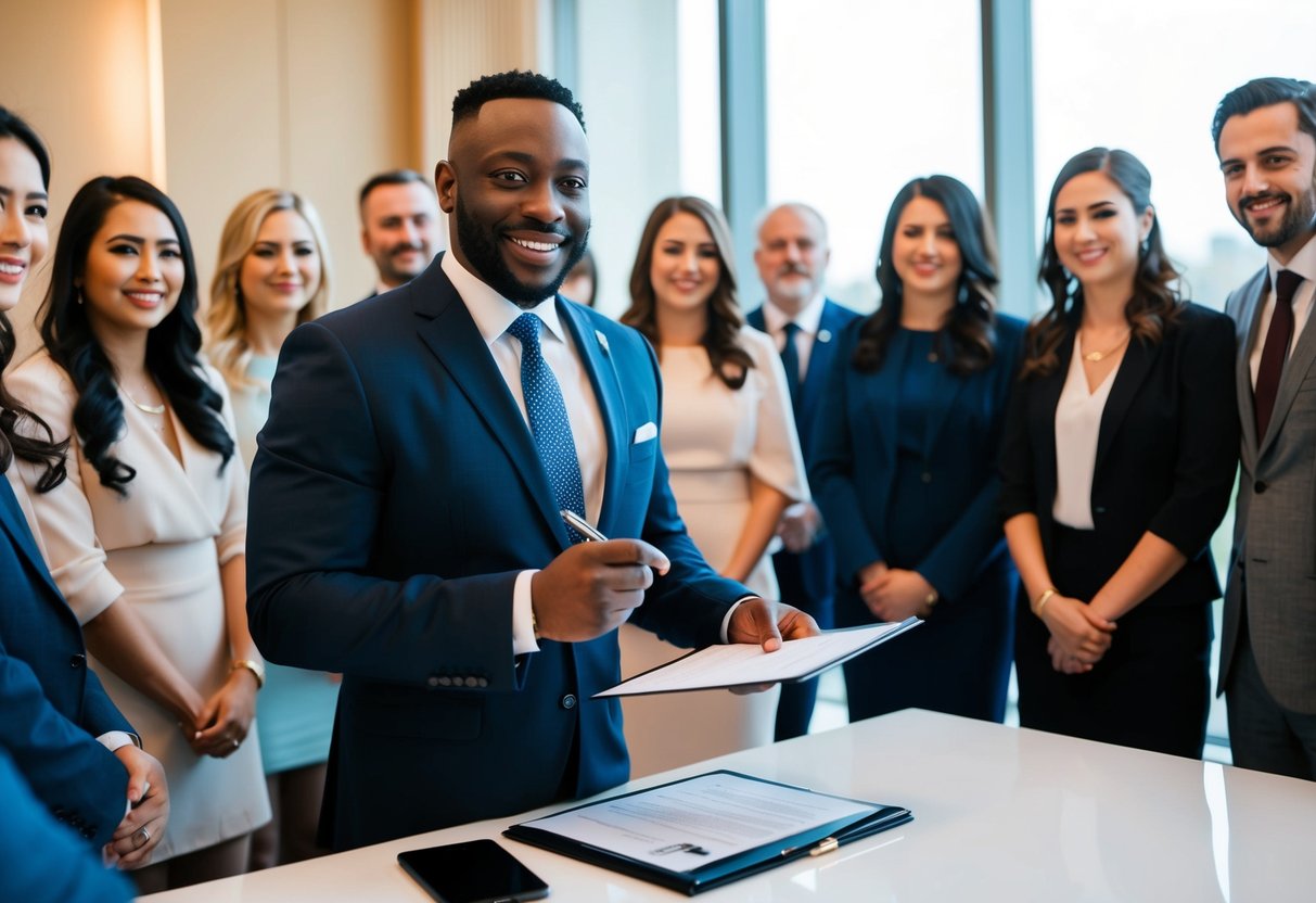 A celebrant standing at a podium, surrounded by a group of people, with a contract and a pen in hand