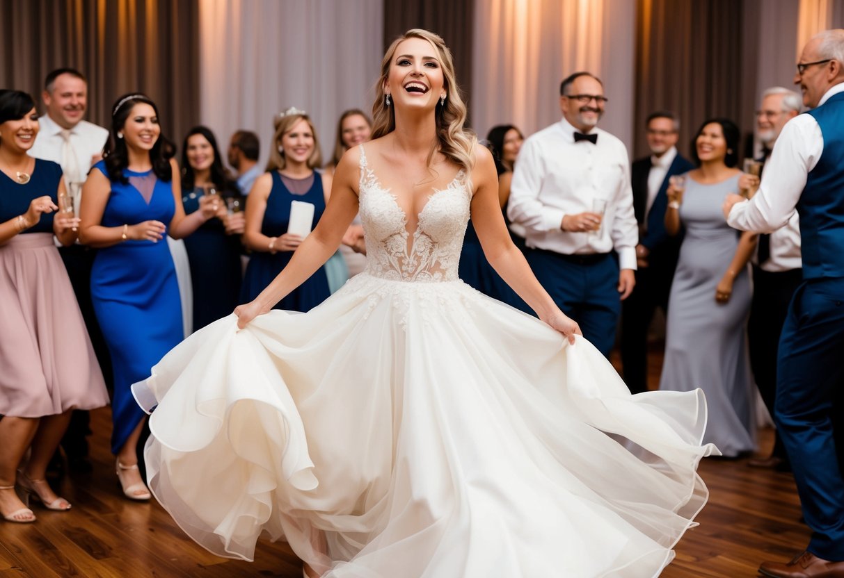 A bride in a flowing reception dress dances joyfully at her wedding celebration, surrounded by friends and family