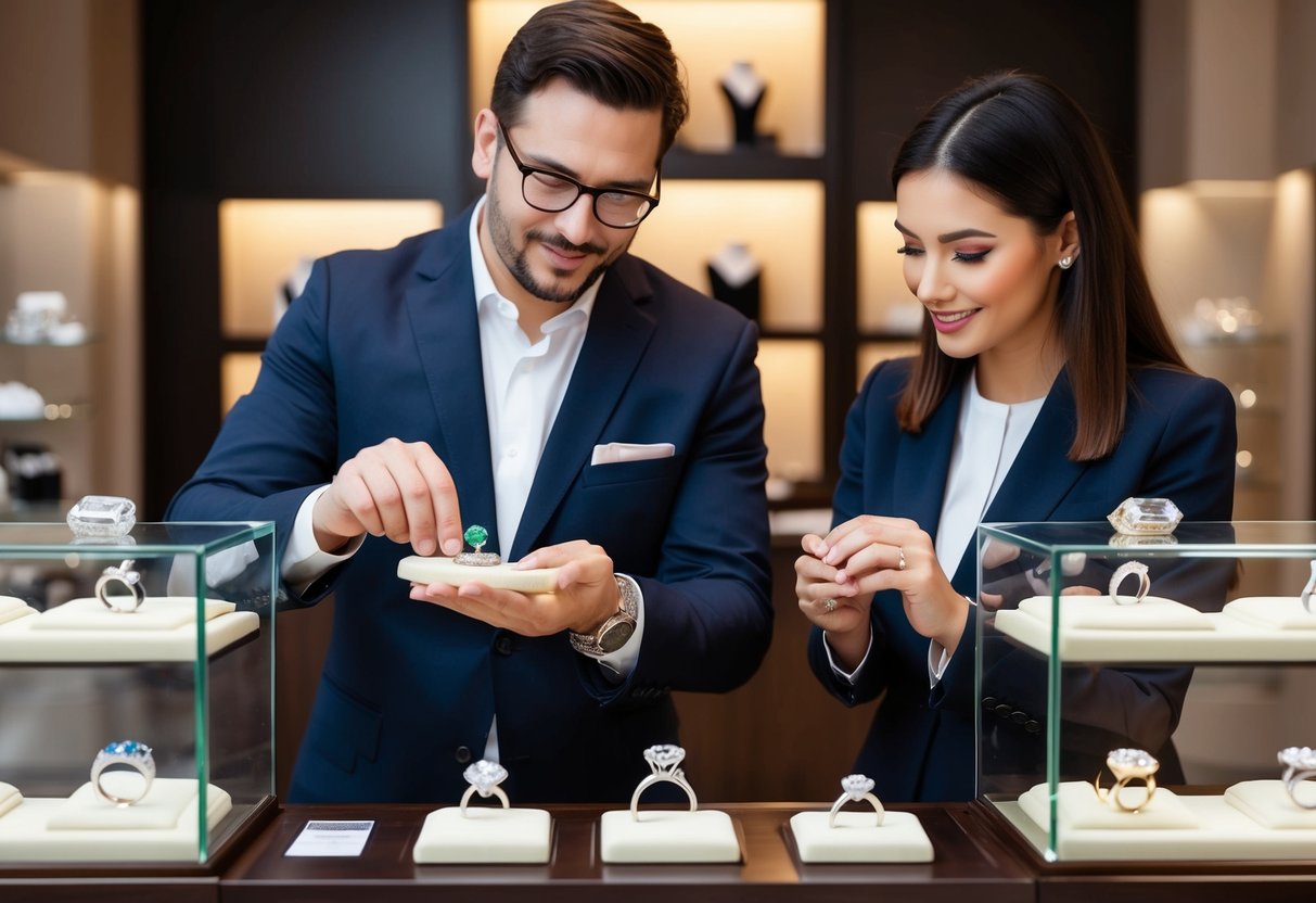 A jeweler carefully selects and weighs precious stones, while a customer looks at various engagement rings on display in a high-end boutique
