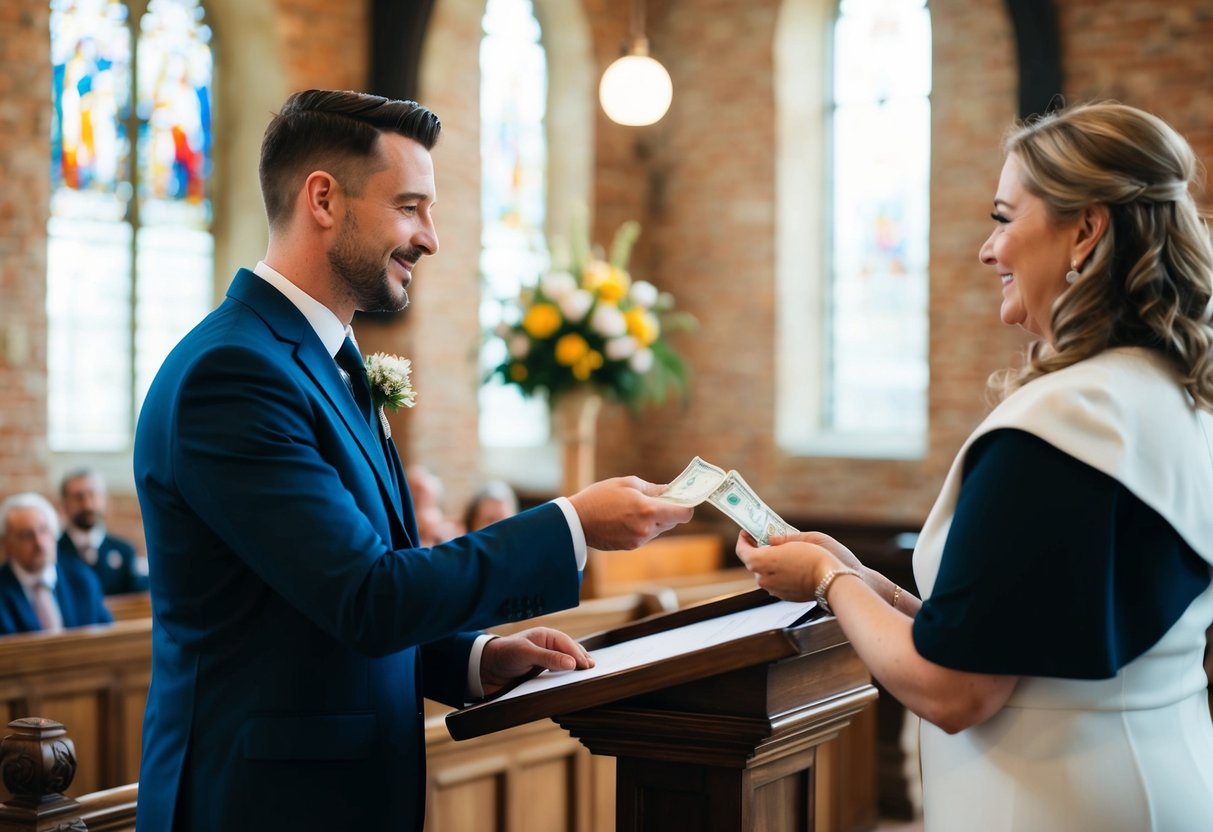 A celebrant stands at a podium, receiving payment from a client. A contract and money are exchanged, representing the legal and ethical considerations of celebrant pay in the UK