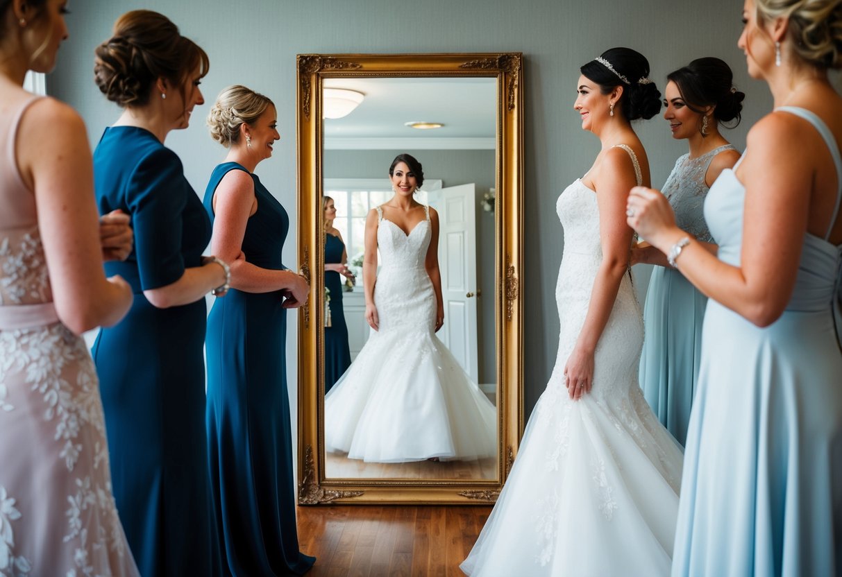 A bride stands in front of a full-length mirror, trying on different attire for key wedding moments, such as the ceremony, reception, and first dance