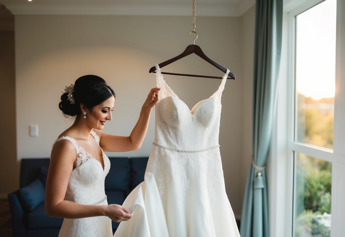 A bride gently removes her wedding dress, carefully hanging it up before changing into a more comfortable outfit for the evening