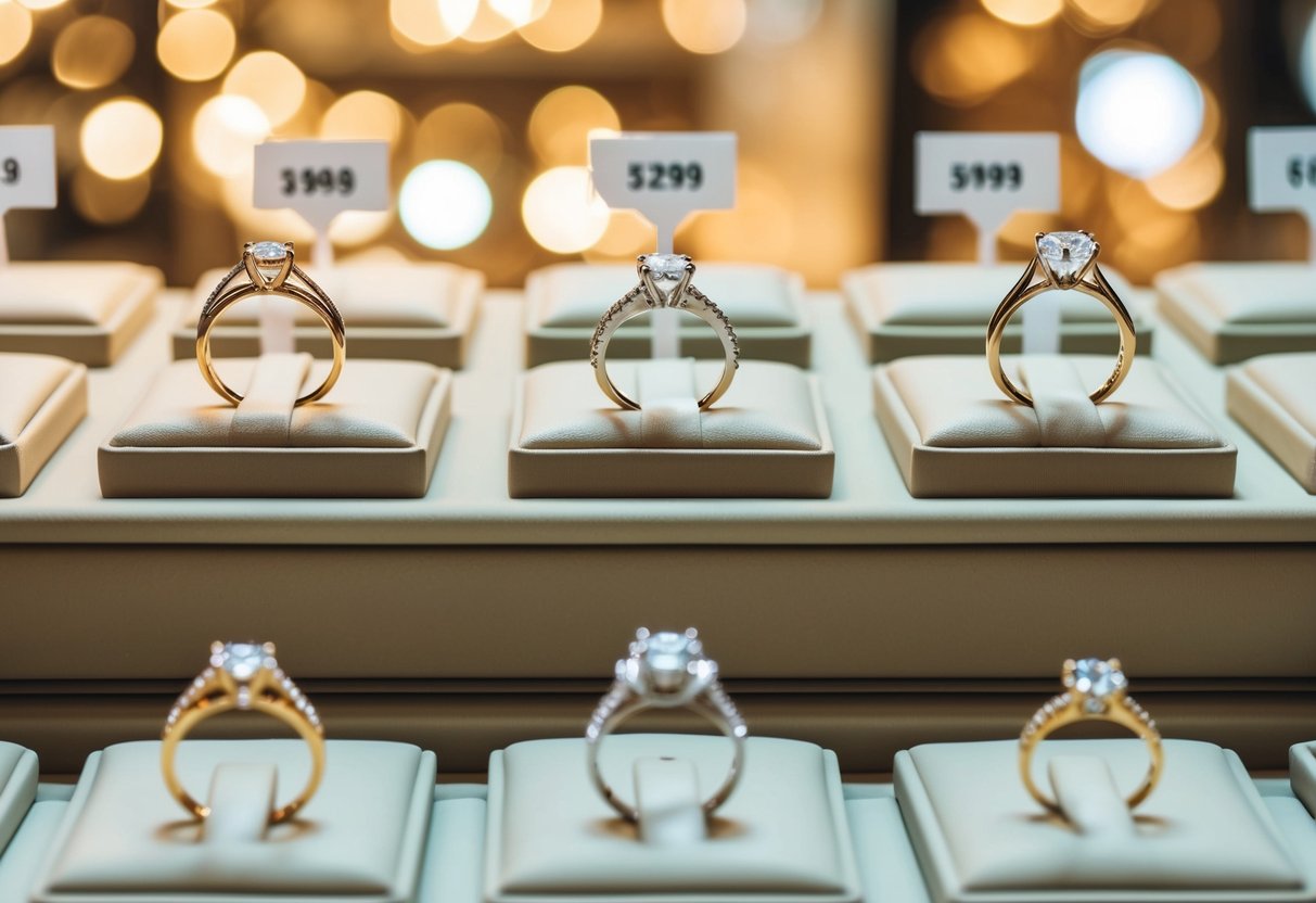 A jewelry store display of engagement rings with various price tags