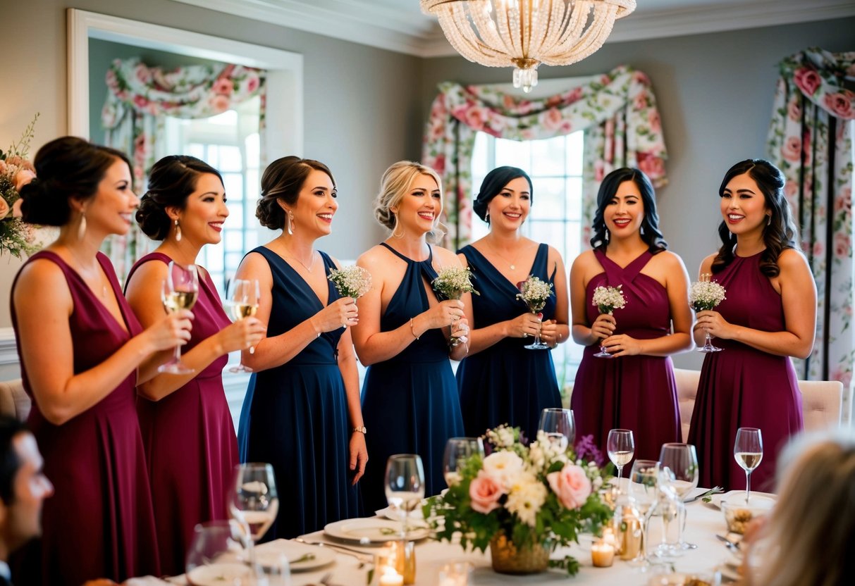 Bridesmaids giving speeches at a rehearsal dinner, standing in a cozy and elegant dining room with soft lighting and floral decor