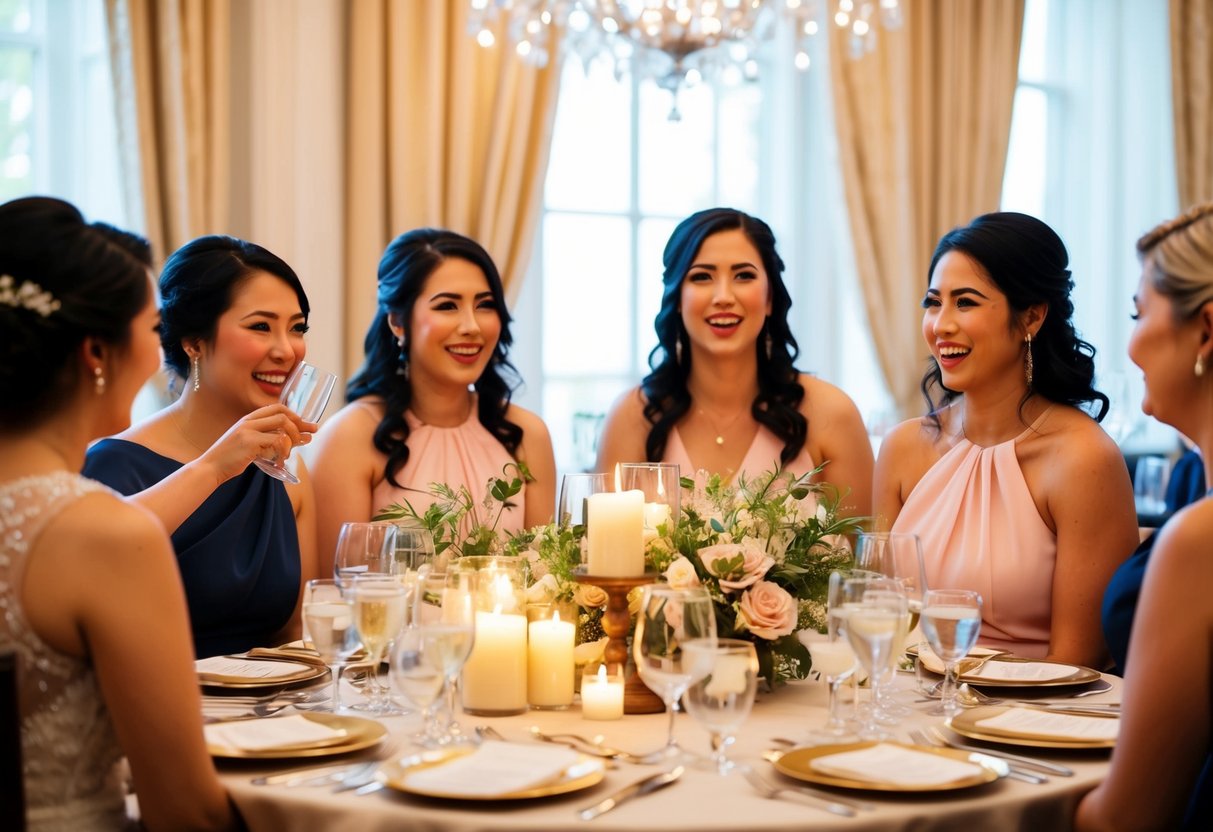 Bridesmaids giving speeches at a rehearsal dinner, surrounded by elegant table settings and glowing candlelight