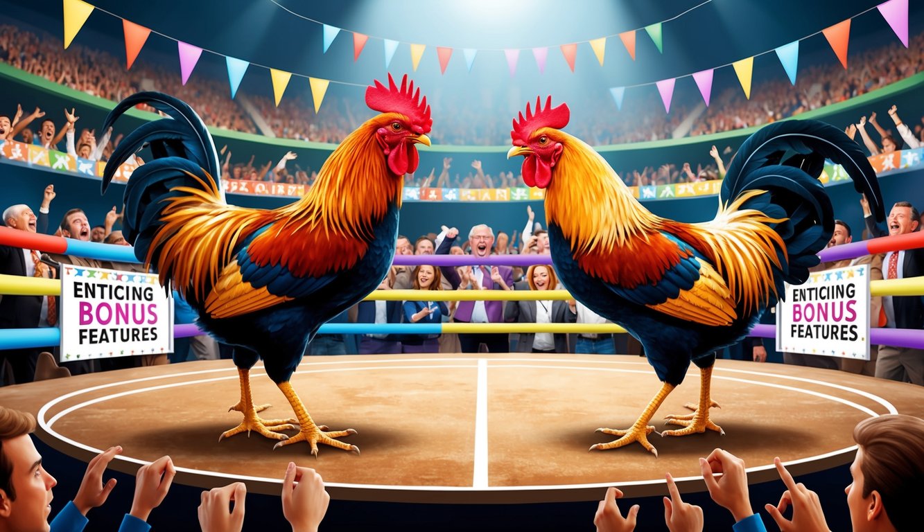 Dua ayam jantan berhadapan di arena yang ramai, dikelilingi oleh penonton yang bersorak dan spanduk berwarna-warni, dengan papan iklan yang menawarkan fitur bonus yang menarik.