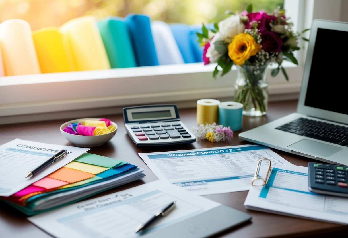 A wedding coordinator's desk cluttered with price lists, contracts, and colorful fabric swatches, with a calculator and laptop open for cost calculations